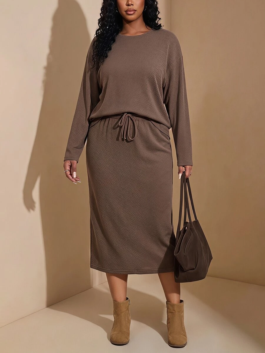 Chikora Plus Size Solid Color Long Sleeve Top And Skirt Casual 2 Pieces Set Fall - Brown - View 1