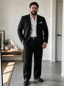 OlaMetro 大尺碼男士翻領長袖單排扣西裝外套與長褲商務套裝，正式，儀式 - 黑色 - 查看 1