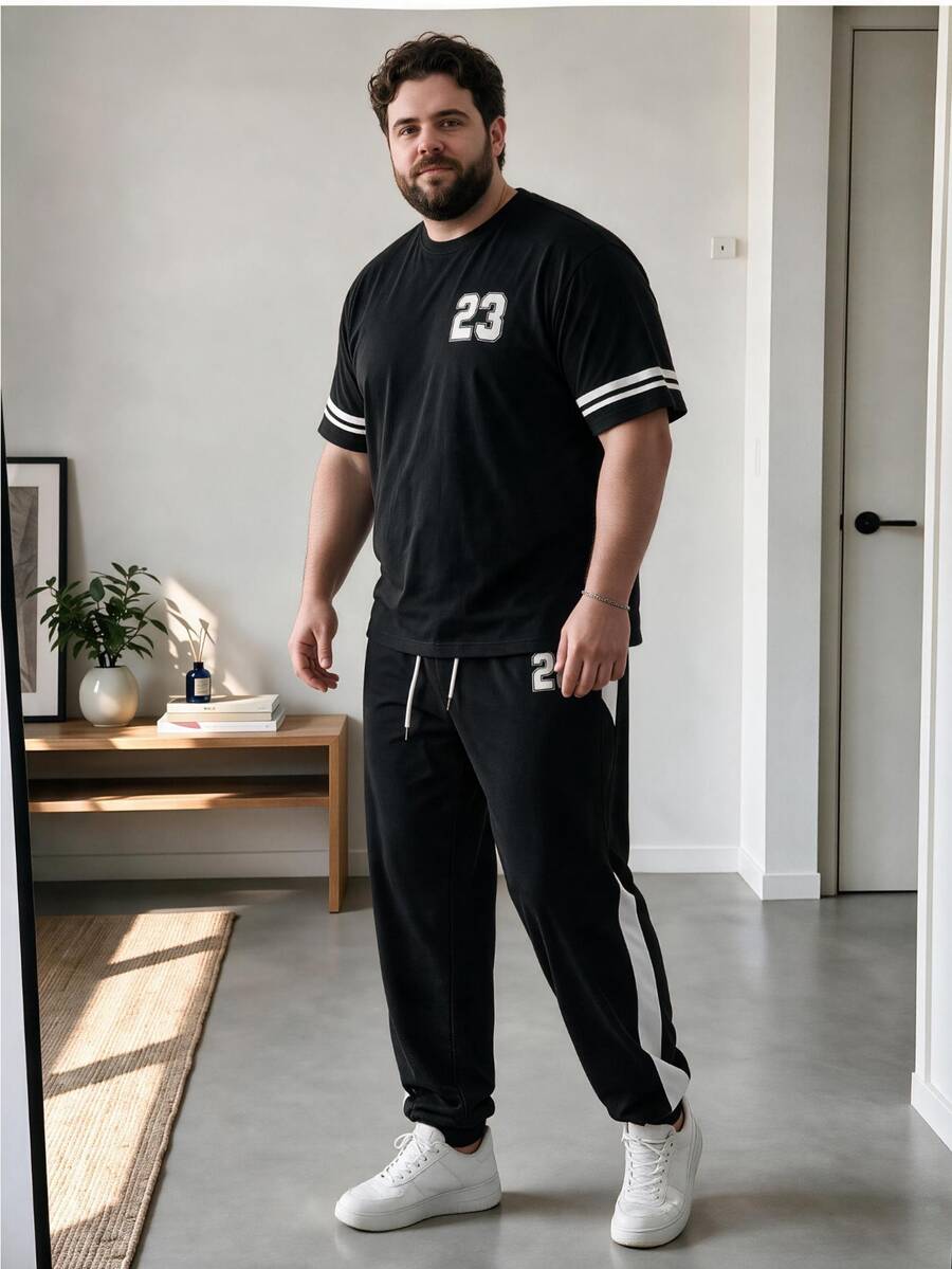 OlaMetro Plus Size Men Contrast Color Striped Numeral Print T-Shirt And Pants Set - Black - View 1