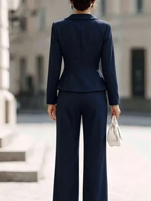 SHEIN Women's Professional 2 Pieces Set, Elegant Top Paired With Slim Fit Suit Pants, Solid Color Minimalist Design, Sophisticated Formal Style, Suitable For Office Commute, Business Meetings, Formal Occasions - Blue - View 2