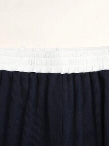 SHEIN 青少年女孩 2件套－藍色與白色對比針織刺繡 T恤與長褲 - 藏蓝色 - 查看 3