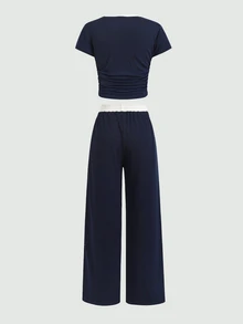 SHEIN 青少年女孩 2件套－藍色與白色對比針織刺繡 T恤與長褲 - 藏蓝色 - 查看 7