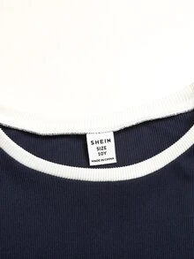 SHEIN 青少年女孩 2件套－藍色與白色對比針織刺繡 T恤與長褲 - 藏蓝色 - 查看 4