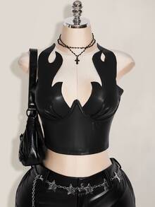 SHEIN ICON Women's Sexy Design PU Material Cropped Camisole Top - Black - View 3