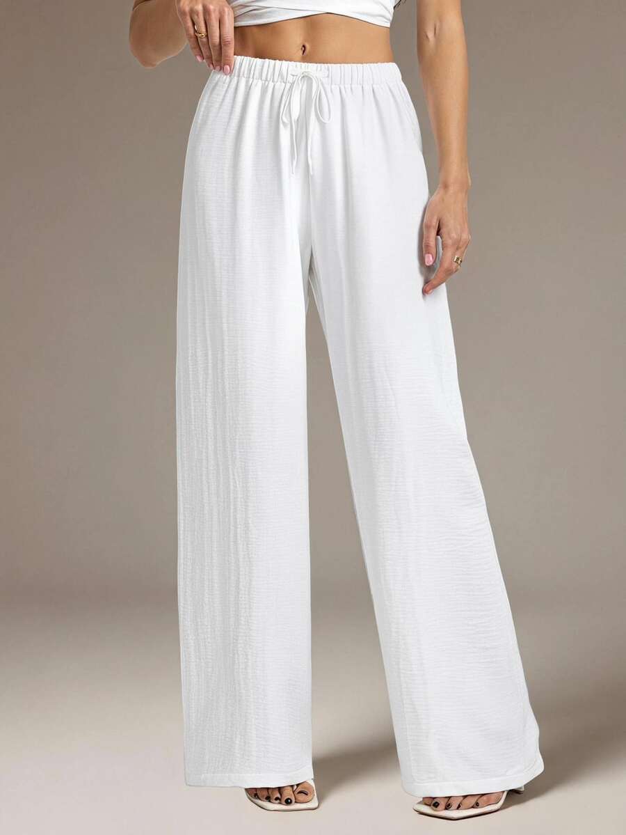 SHEIN Tall Tall Loose Drawstring Waist Trousers In Textured Crinkle Fabric, Tall Women Beach White Autumn Casual - White - View 1
