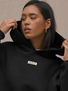 MUSERA Logo Text Embroidery Patch Oversized Hoodie Relaxed Sweatshirt Back To School Cosy Cute Casual Everyday Streetwear Summer Vacation Holiday - Black - View 5