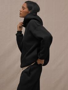 MUSERA Logo Text Embroidery Patch Oversized Hoodie Relaxed Sweatshirt Back To School Cosy Cute Casual Everyday Streetwear Summer Vacation Holiday - Black - View 2