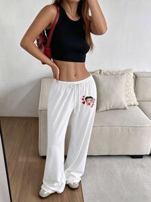 Betty Boop x SHEIN SHEIN EZwear 女款休閒腰部綁帶愛心卡通印花直筒長褲，適合夏季、外出、街頭穿搭、機場造型 - 彩色 - 查看 5