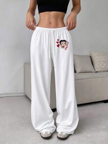Betty Boop x SHEIN SHEIN EZwear 女款休閒腰部綁帶愛心卡通印花直筒長褲，適合夏季、外出、街頭穿搭、機場造型 - 彩色 - 查看 6
