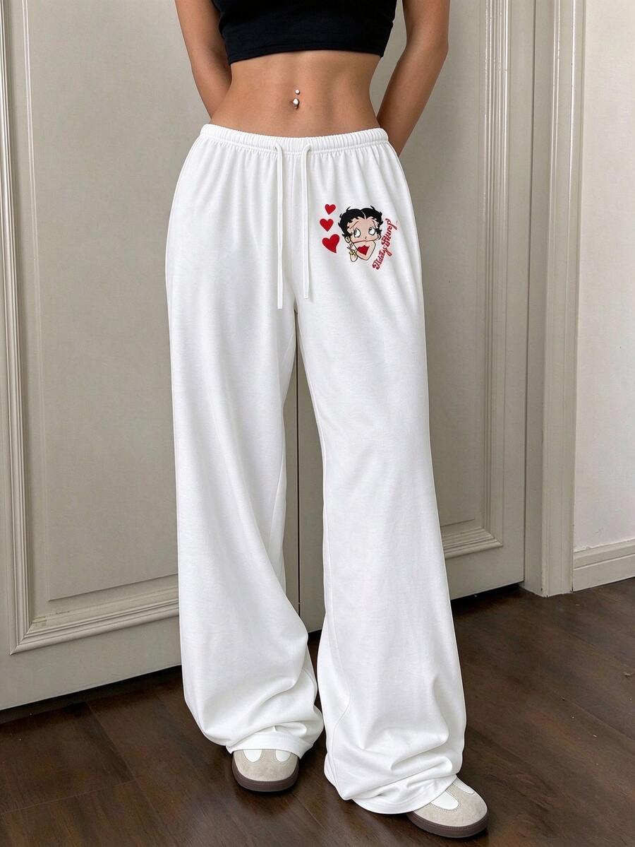 Betty Boop x SHEIN SHEIN EZwear 女款休閒腰部綁帶愛心卡通印花直筒長褲,適合夏季、外出、街頭穿搭、機場造型 - 彩色 - 查看 1