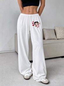 Betty Boop x SHEIN SHEIN EZwear 女款休閒腰部綁帶愛心卡通印花直筒長褲，適合夏季、外出、街頭穿搭、機場造型 - 彩色 - 查看 4