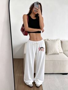 Betty Boop x SHEIN SHEIN EZwear 女款休閒腰部綁帶愛心卡通印花直筒長褲，適合夏季、外出、街頭穿搭、機場造型 - 彩色 - 查看 7