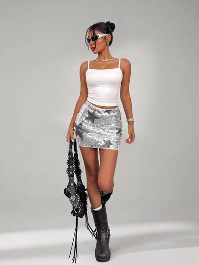SHEIN Tall 1pc Women's Shiny Star Sequin Decorated Elegant Disco Sexy Party Night Out Skirt Y2k, Tall Women Silver Sparkly Autumn