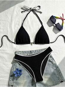 Swim Vcay 女款泳裝套裝，特殊面料掛脖綁帶露背貝殼設計，2件式夏季度假海灘穿搭 - 彩色 - 查看 5