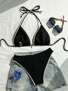 Swim Vcay 女款泳裝套裝，特殊面料掛脖綁帶露背貝殼設計，2件式夏季度假海灘穿搭 - 彩色 - 查看 2