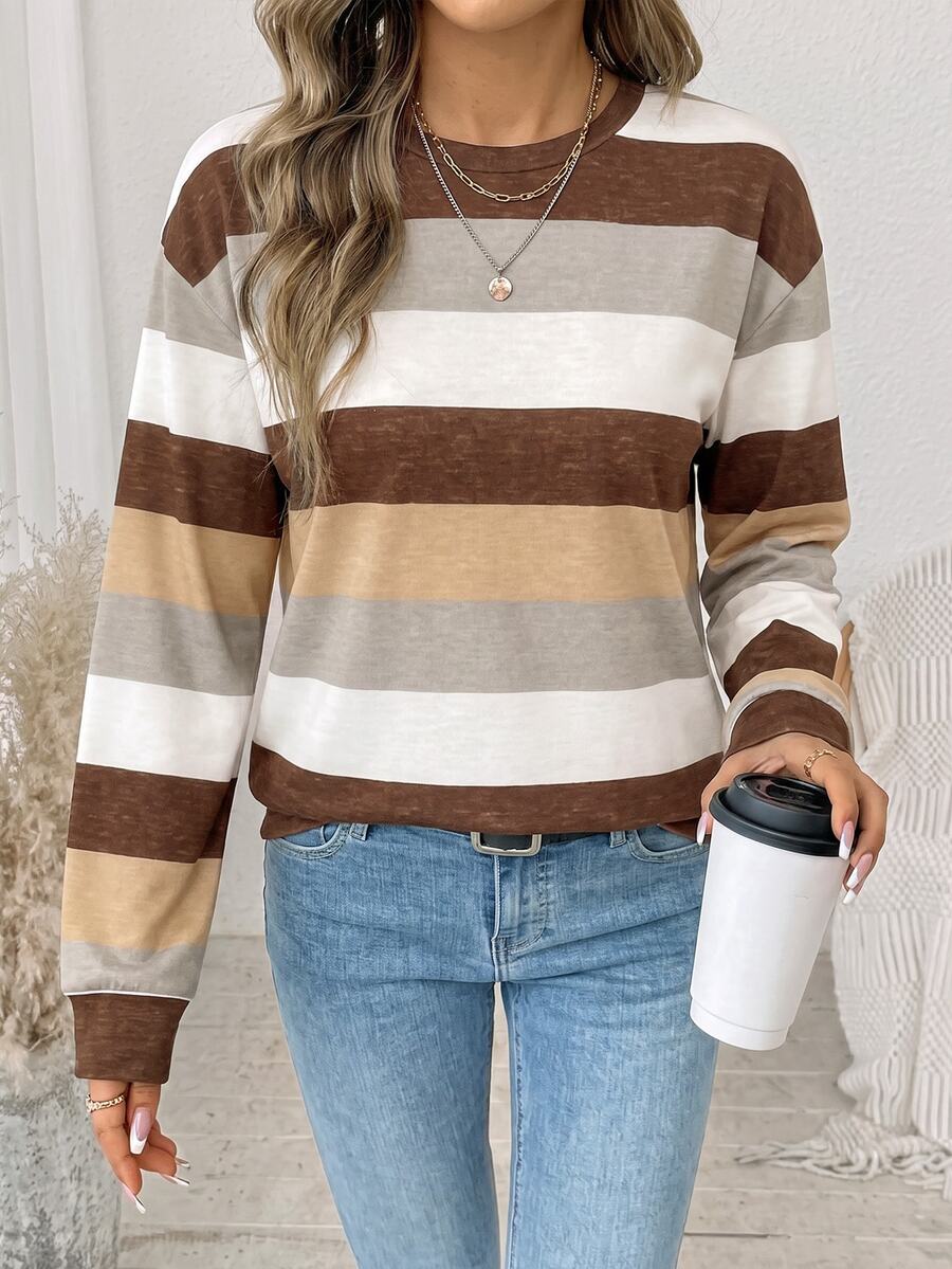 SHEIN LUNE Women's Brown Striped Colorblock Minimalist Casual Long Sleeve Sweatshirt For Daily Wear Everyday Fall,Brown Striped Tops - White - View 1