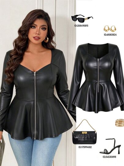 Femmeverse Women's Plus Size New Solid Color Square Neck Collarbone-Exposing A-Line Slimming Hip-Covering Zipper Front Elastic PU Long Sleeve Top Winter