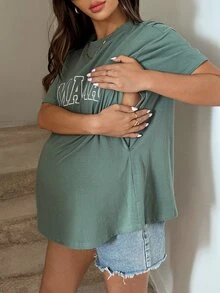 SHEIN Nursing Maternity Crew Neck Drop Shoulder Letter Print Casual Summer Top Vacation Graphic Tees World Cup - Green - View 2