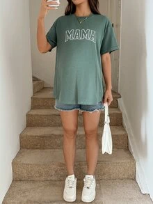 SHEIN Nursing Maternity Crew Neck Drop Shoulder Letter Print Casual Summer Top Vacation Graphic Tees World Cup - Green - View 3