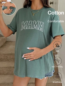 SHEIN Nursing Maternity Crew Neck Drop Shoulder Letter Print Casual Summer Top Vacation Graphic Tees World Cup - Green - View 9
