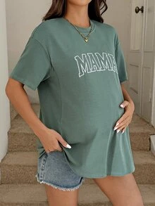 SHEIN Nursing Maternity Crew Neck Drop Shoulder Letter Print Casual Summer Top Vacation Graphic Tees World Cup - Green - View 6