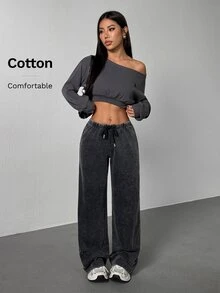 SHEIN PETITE Women's Casual Streetwear Athleisure Low-Waist Straight Sweatpants Suitable For Summer Washed Wide Leg Comfy Oversized Lounge Work Petite Dark Grey - Black - View 7