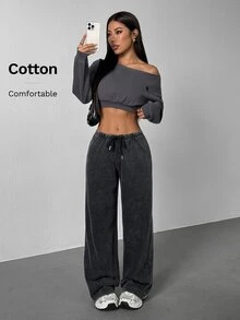 SHEIN PETITE Women's Casual Streetwear Athleisure Low-Waist Straight Sweatpants Suitable For Summer Washed Wide Leg Comfy Oversized Lounge Work Petite Dark Grey - Black - View 8