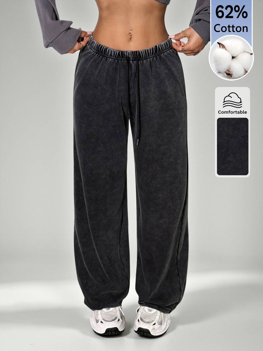 SHEIN PETITE Women's Casual Streetwear Athleisure Low-Waist Straight Sweatpants Suitable For Summer Washed Wide Leg Comfy Oversized Lounge Work Petite Dark Grey - Black - View 1