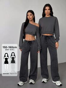 SHEIN PETITE Women's Casual Streetwear Athleisure Low-Waist Straight Sweatpants Suitable For Summer Washed Wide Leg Comfy Oversized Lounge Work Petite Dark Grey - Black - View 3