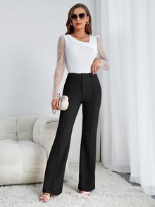 SHEIN Tall 純色喇叭褲 女款 春/秋季 優雅鈕扣高腰喇叭腿 超長版黑色修身女褲 專業/商務正裝/工作服 高個女性適用 - 黑色 - 查看 5