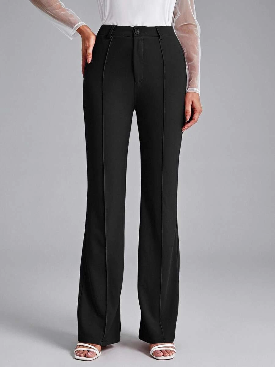 SHEIN Tall 純色喇叭褲 女款 春/秋季 優雅鈕扣高腰喇叭腿 超長版黑色修身女褲 專業/商務正裝/工作服 高個女性適用 - 黑色 - 查看 1