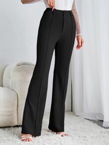 SHEIN Tall 純色喇叭褲 女款 春/秋季 優雅鈕扣高腰喇叭腿 超長版黑色修身女褲 專業/商務正裝/工作服 高個女性適用 - 黑色 - 查看 3