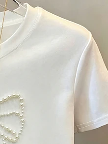 SHEIN Tween Girls Bow Beaded White Summer Elegant Party T-Shirt,Loose Round Neck Short Sleeve Personalized Beaded Bow Design,Comfortable Basic, Casual, Cute - White - View 5