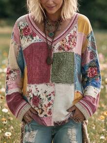 Selamara New Women's Vintage Artistic Casual Loose Slimming Print Patchwork V-Neck Long Sleeve Sweatshirt - Multicolor - View 3