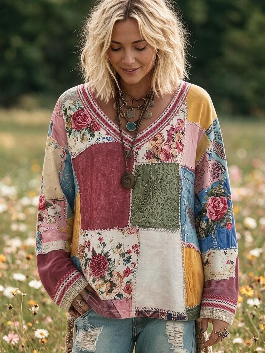 Selamara New Women's Vintage Artistic Casual Loose Slimming Print Patchwork V-Neck Long Sleeve Sweatshirt - Multicolor - View 1