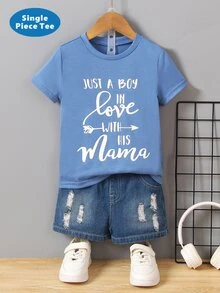 SHEIN Young Boy Casual Slogan Print Short Sleeve T-Shirt, Summer - Blue - View 1