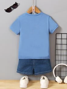 SHEIN Young Boy Casual Slogan Print Short Sleeve T-Shirt, Summer - Blue - View 2