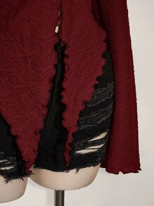 SHEIN ICON ICON PLUS 生菜边不对称下摆透视上衣（不带胸罩）大码衬衫 - 1891，Y2k - 酒紅色 - 查看 9