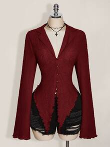 SHEIN ICON ICON PLUS 生菜边不对称下摆透视上衣（不带胸罩）大码衬衫 - 1891，Y2k - 酒紅色 - 查看 8