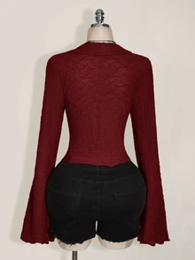 SHEIN ICON ICON PLUS 生菜边不对称下摆透视上衣（不带胸罩）大码衬衫 - 1891，Y2k - 酒紅色 - 查看 4