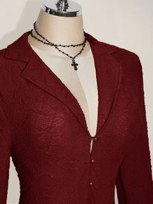 SHEIN ICON ICON PLUS 生菜边不对称下摆透视上衣（不带胸罩）大码衬衫 - 1891，Y2k - 酒紅色 - 查看 7