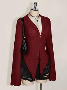 SHEIN ICON ICON PLUS 生菜边不对称下摆透视上衣（不带胸罩）大码衬衫 - 1891，Y2k - 酒紅色 - 查看 6