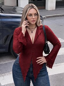 SHEIN ICON ICON PLUS 生菜边不对称下摆透视上衣（不带胸罩）大码衬衫 - 1891，Y2k - 酒紅色 - 查看 1