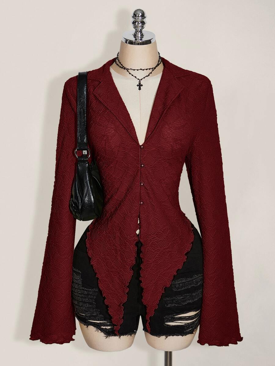 SHEIN ICON ICON PLUS Lettuce Trim Asymmetrical Hem Sheer Top Without Bra Plus Size Blouses-1891,Y2k/Fall/Winter - Burgundy - View 1