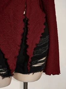 SHEIN ICON ICON PLUS 生菜边不对称下摆透视上衣（不带胸罩）大码衬衫 - 1891，Y2k - 酒紅色 - 查看 5