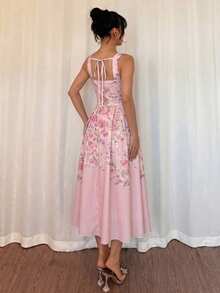 Modelyn Women's Apricot Woven Placement Digital Print Tie-Waist A-Line Midi Dress, Elegant & Romantic, Spring/Summer Summer Dresses For Women - Pink - View 2