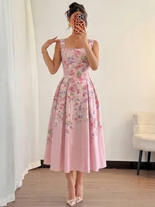 Modelyn Women's Apricot Woven Placement Digital Print Tie-Waist A-Line Midi Dress, Elegant & Romantic, Spring/Summer Summer Dresses For Women - Pink - View 8