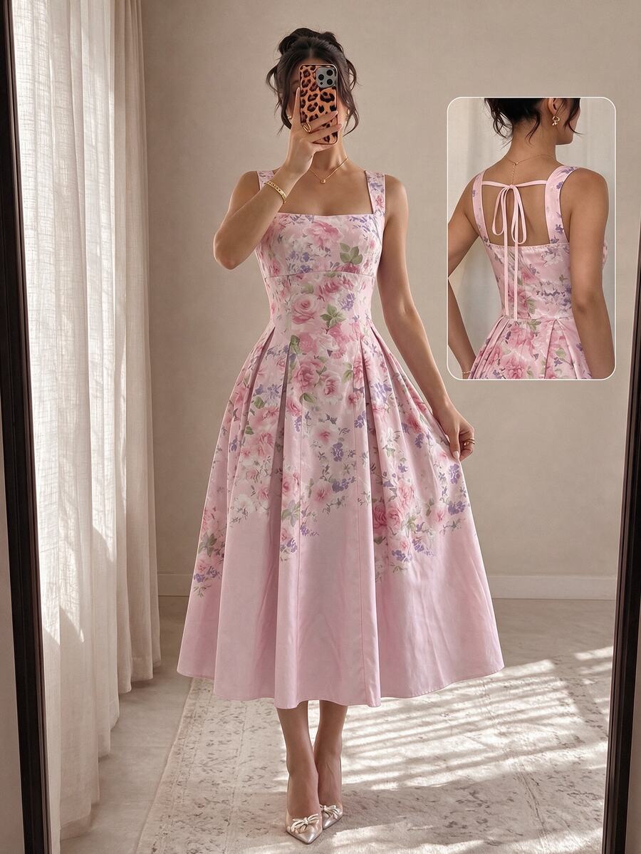 Modelyn Women's Apricot Woven Placement Digital Print Tie-Waist A-Line Midi Dress, Elegant & Romantic, Spring/Summer Summer Dresses For Women - Pink - View 1