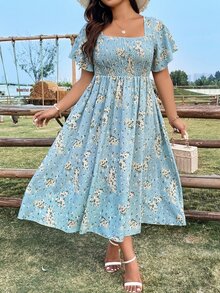 Ceyna 大码女式褶皱花卉印花连衣裙超长度假海滩装 - 淺藍色 - 查看 5