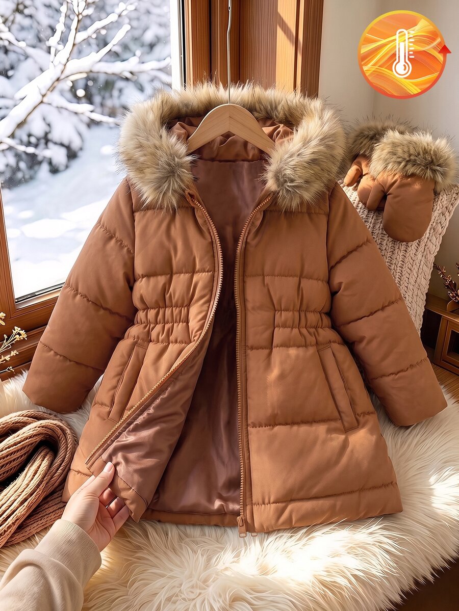 Elladie kids 1件秋冬少女焦糖色絎縫2200#壓線工藝連帽中長款長袖加厚外套+手套,淺米色人造毛大領設計,前拉鍊開合,彈性腰部設計,兩側口袋,簡約百搭,保暖增溫,適合秋冬少女外出、購物與拍照 - 卡其色 - 查看 1